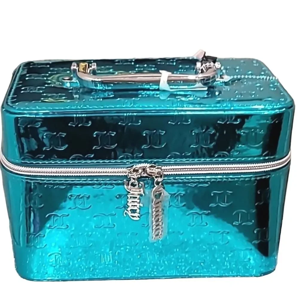 Juicy Couture JC‎ Logo Metallic Cosmetic Traincase w/Brush Holder- Aqua